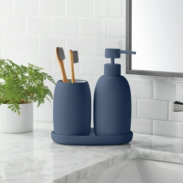 Mainstays Ceramic Stoneware Bath Accessories 3-Piece Set, Blue – Soap Pump Dispenser, Tumbler, and Accessory Tray