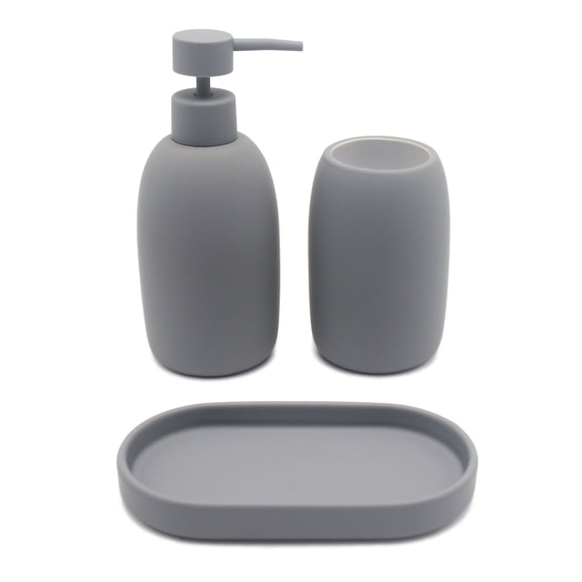 Mainstays Ceramic Stoneware Bath Accessories 3-Piece Set, Grey ...