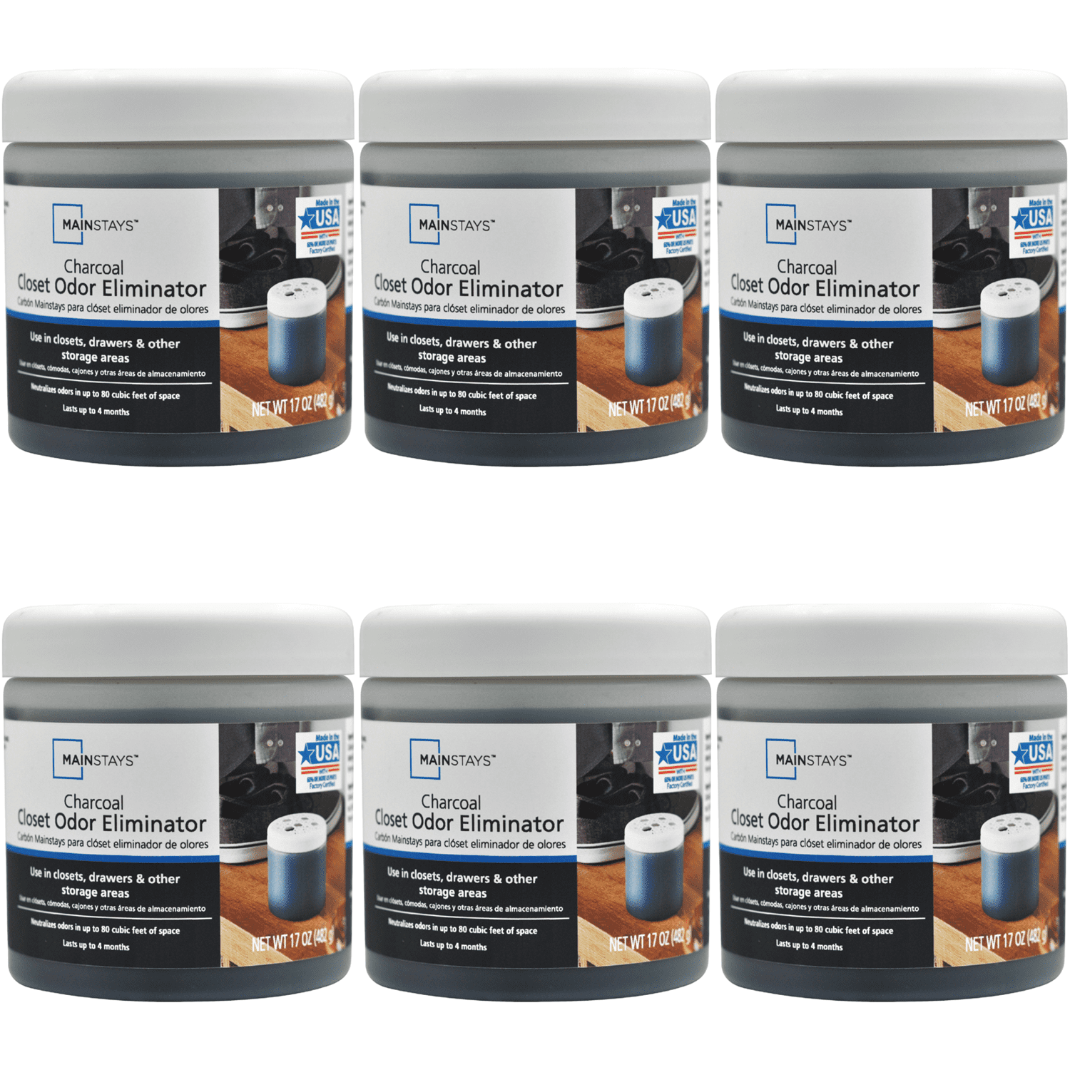 Mainstays Charcoal Odor Eliminator for Closets, Fragrance‑Free, 17 oz, 6‑Pack