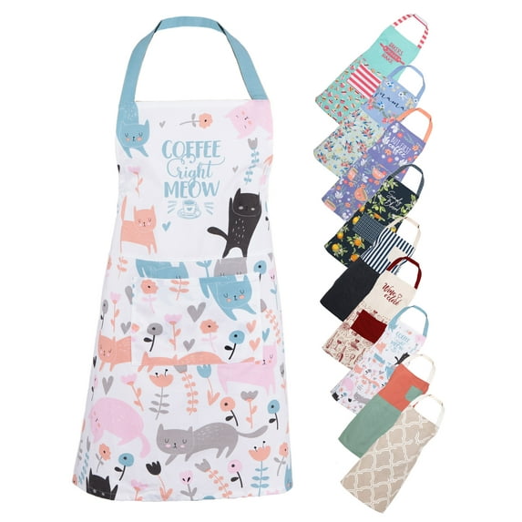 Mainstays Chef Kitchen Apron, 28" x 32" Cat Cotton Bib Apron with Pockets for Cooking, Baking, Gardening in White