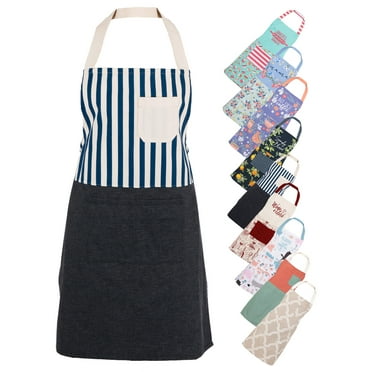 Mainstays Chef Kitchen Apron, 28" x 32" Stripe Cotton Bib Apron with Pockets for Cooking, Baking, Gardening in Navy