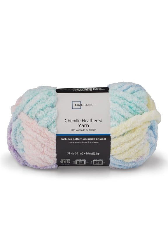 Chenille Heathered Yarn Multi-Pastel, 33 Yards, 100 Percent Polyester, Super Bulky Weight