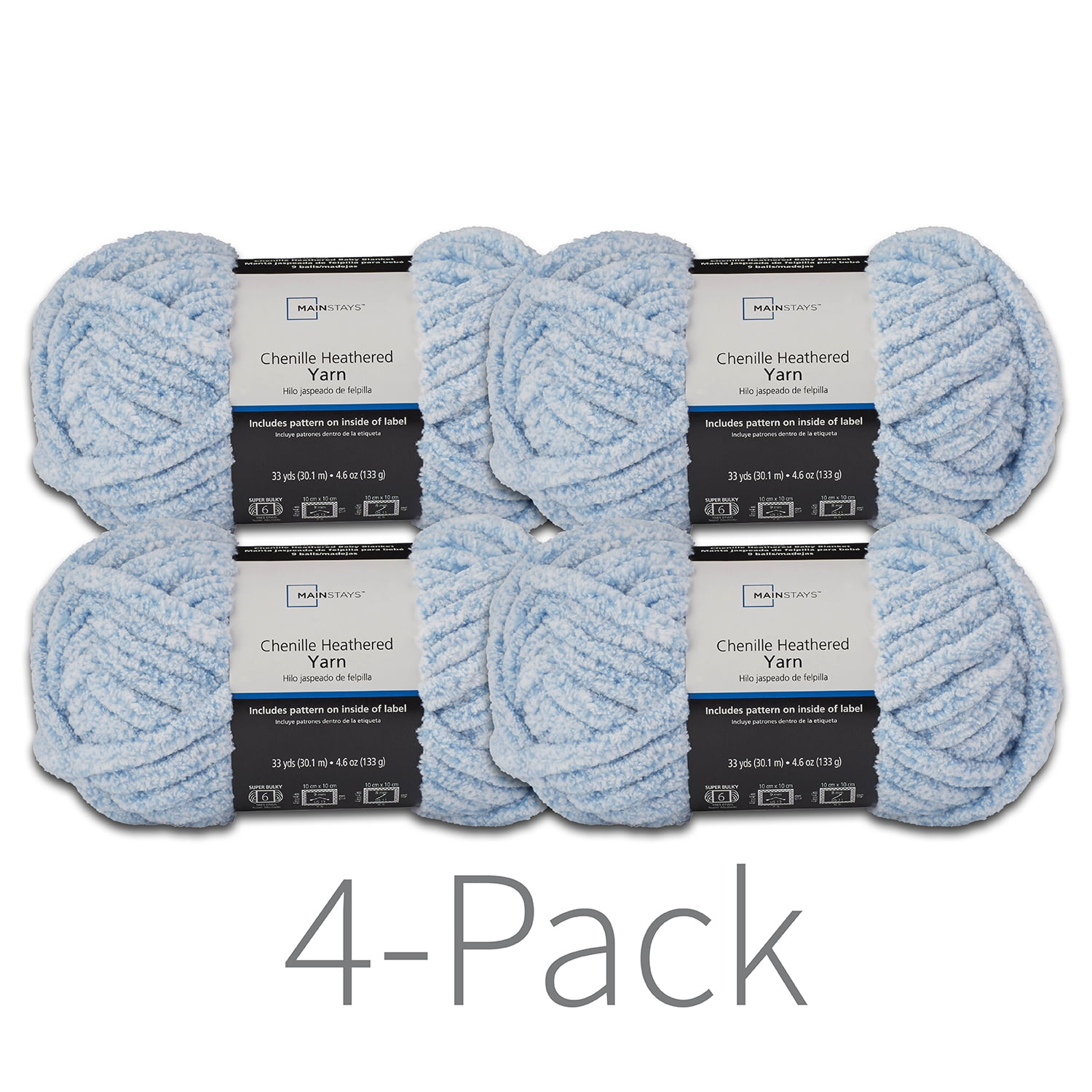 Mainstays Chenille Heathered Yarn, 33 yd, Blue Shell, Super Bulky, Pack of 4