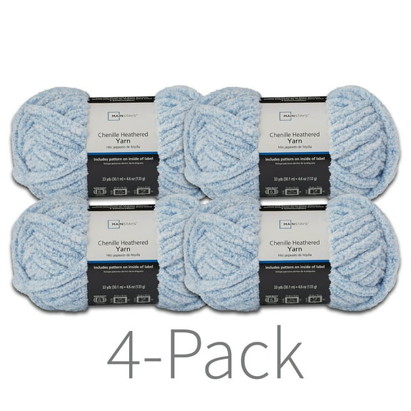 Mainstays Heathered Chenille Yarn, 33 yd, Blue Shell, 100% Polyester, Super Bulky, Pack of 4