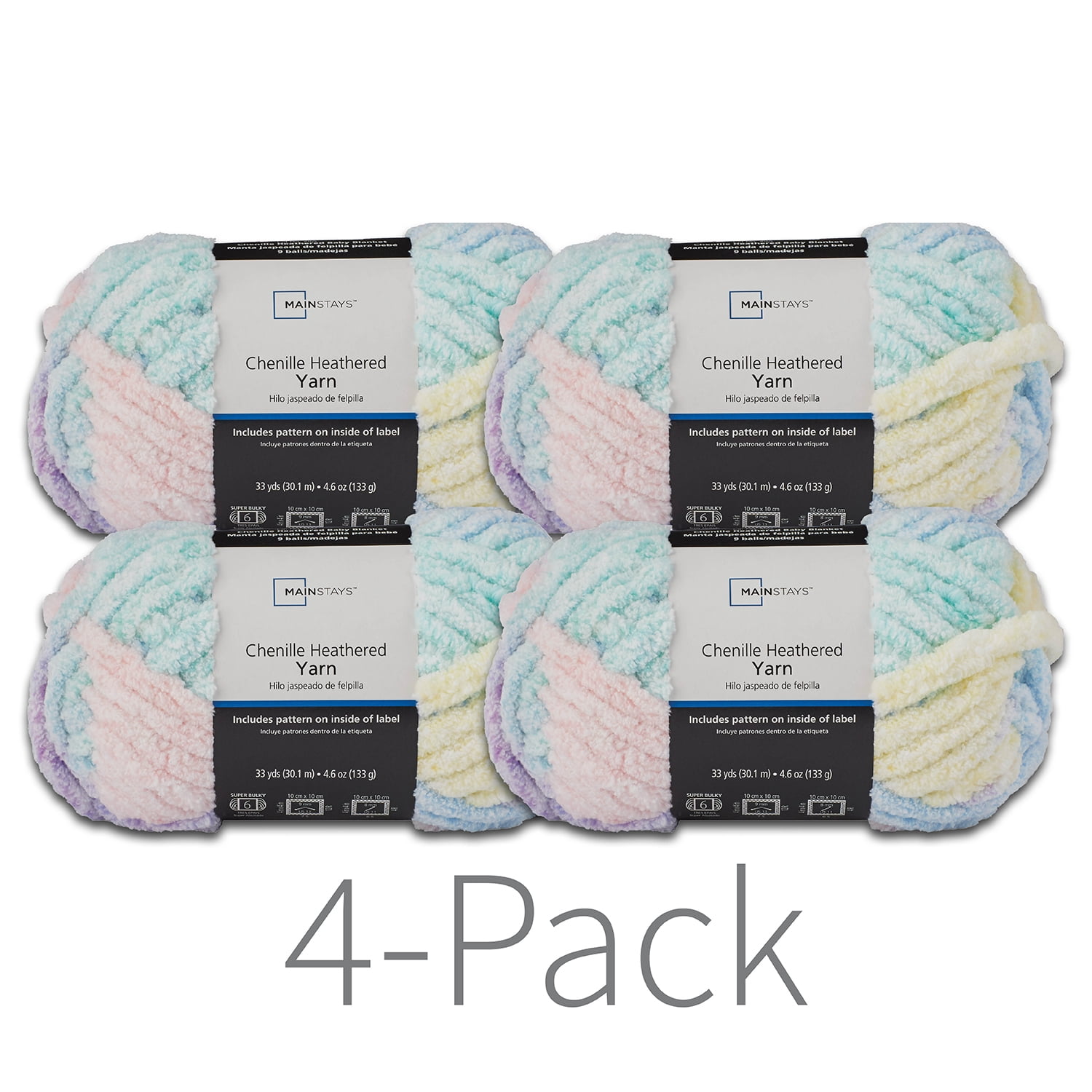 Mainstays Chenille Heathered Yarn, 33 yd, Multi Pastel, Super Bulky, Pack  of 4