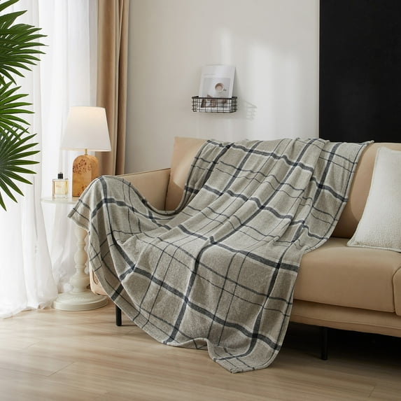 Mainstays Cozy Chenille Throw, Washed Stone Plaid, 50" x 60"