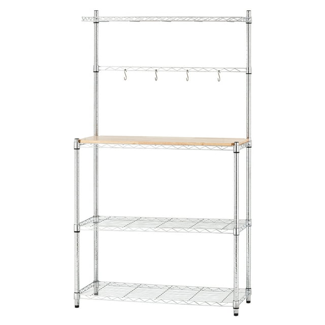 Mainstays Chrome Plated Silver Metal Baker's Rack with Wood Shelf