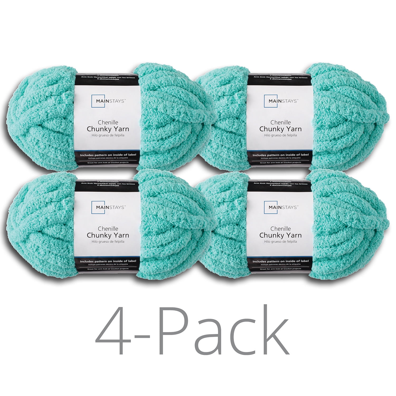 Mainstays Chunky Chenille Yarn, 31.7 yd, Aqua, 100% Polyester, Super Bulky,  Pack of 4