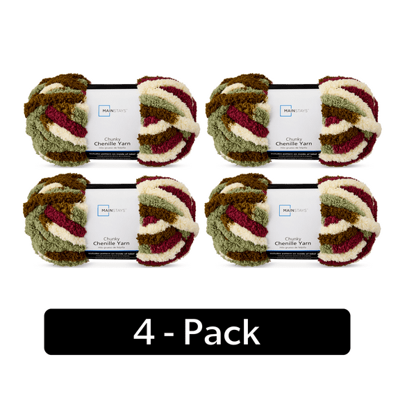 Mainstays Chunky Chenille Yarn, 31.7 yd, Autumn Roots Multi, 100% Polyester, Super Bulky, Pack of 4