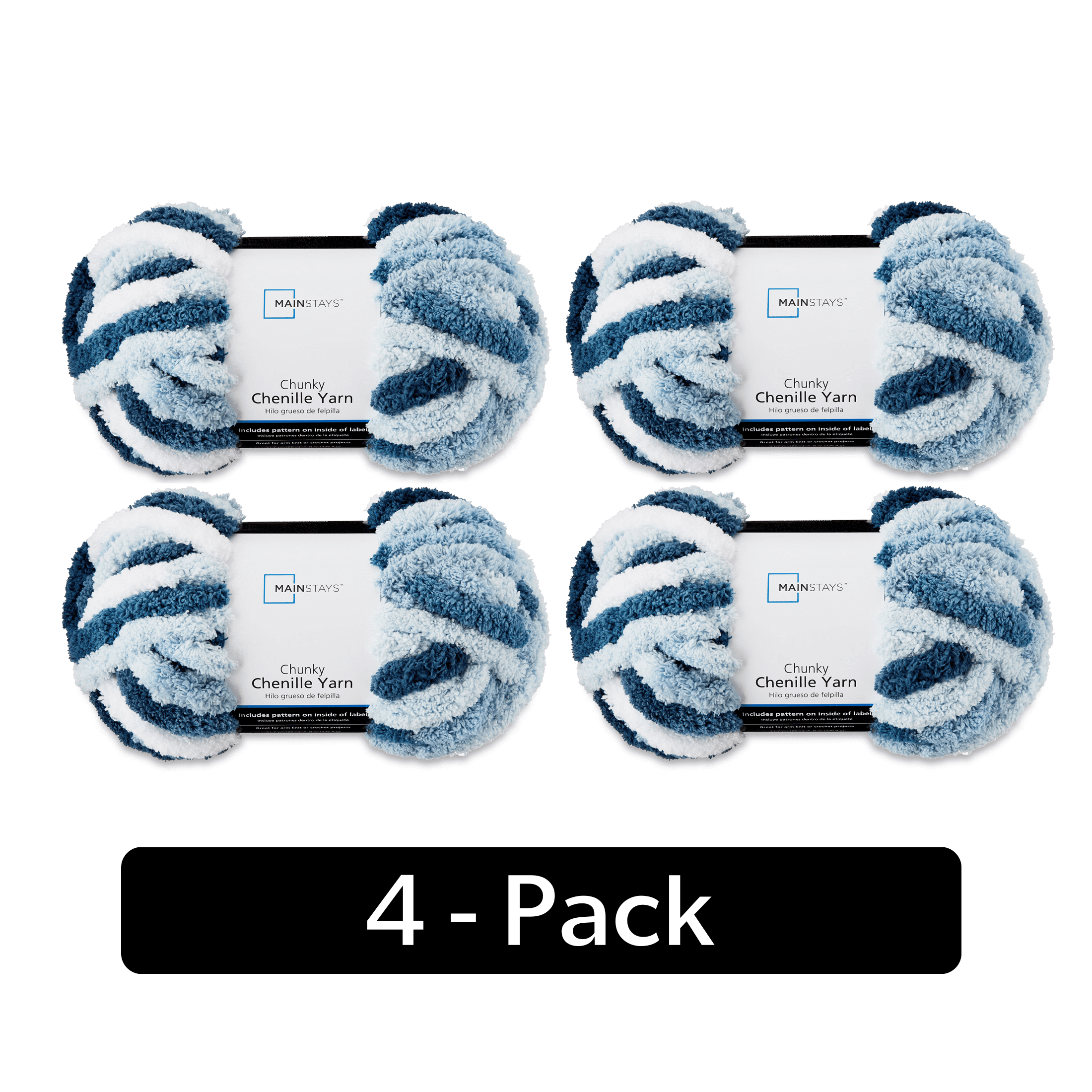 Mainstays Chunky Chenille Yarn, 31.7 yd, Blue Haze Multi, 100% Polyester, Super Bulky, Pack of 4