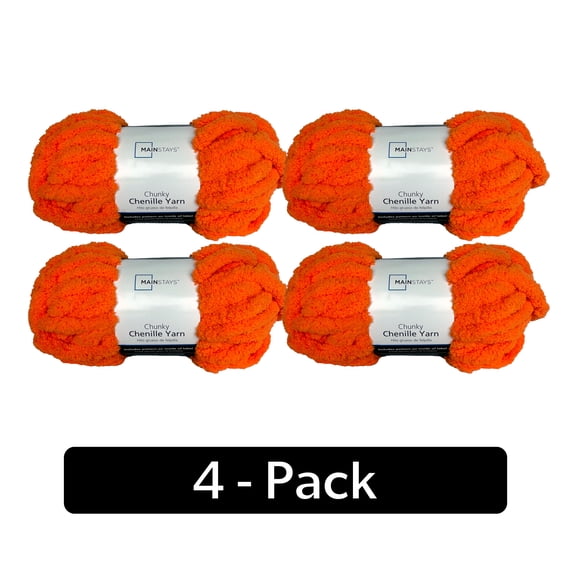 Mainstays Chunky Chenille Yarn, 31.7 yd, Bright Orange, 100% Polyester, Super Bulky, Pack of 4