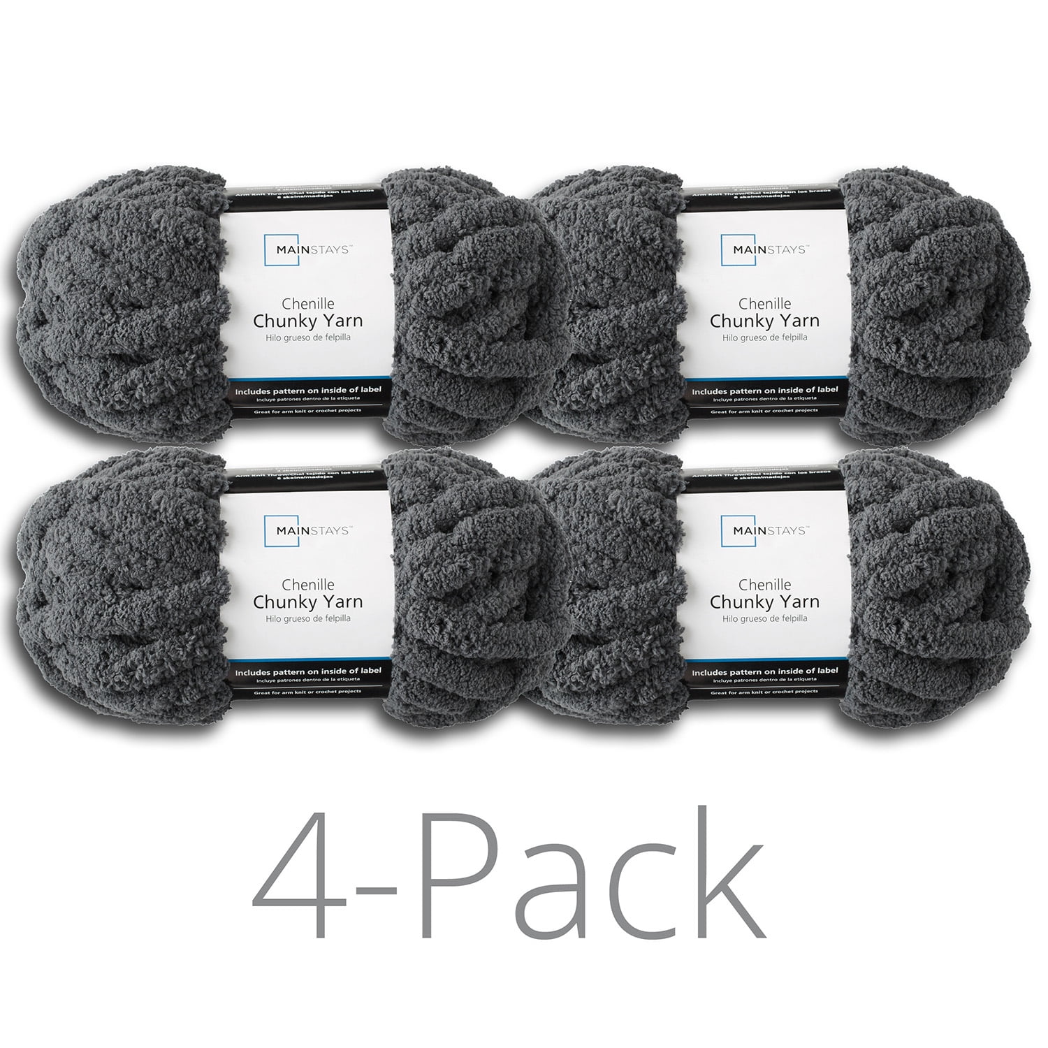 Mainstays Chunky Chenille Yarn, 31.7 yd, Charcoal, 100% Polyester, Super  Bulky, Pack of 4