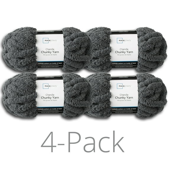 Mainstays Chunky Chenille Yarn, 31.7 yd, Charcoal, 100% Polyester, Super Bulky, Pack of 4