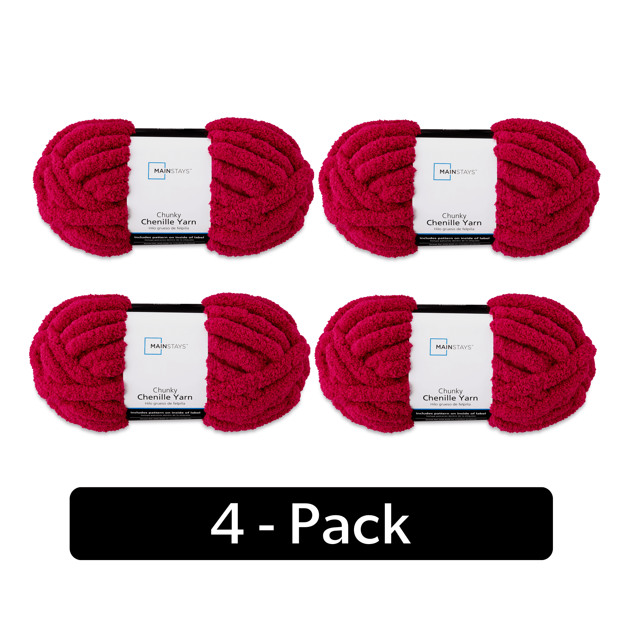 Mainstays Chunky Chenille Yarn, 31.7 yd, Fuchsia Flame, 100% Polyester, Super Bulky, Pack of 4