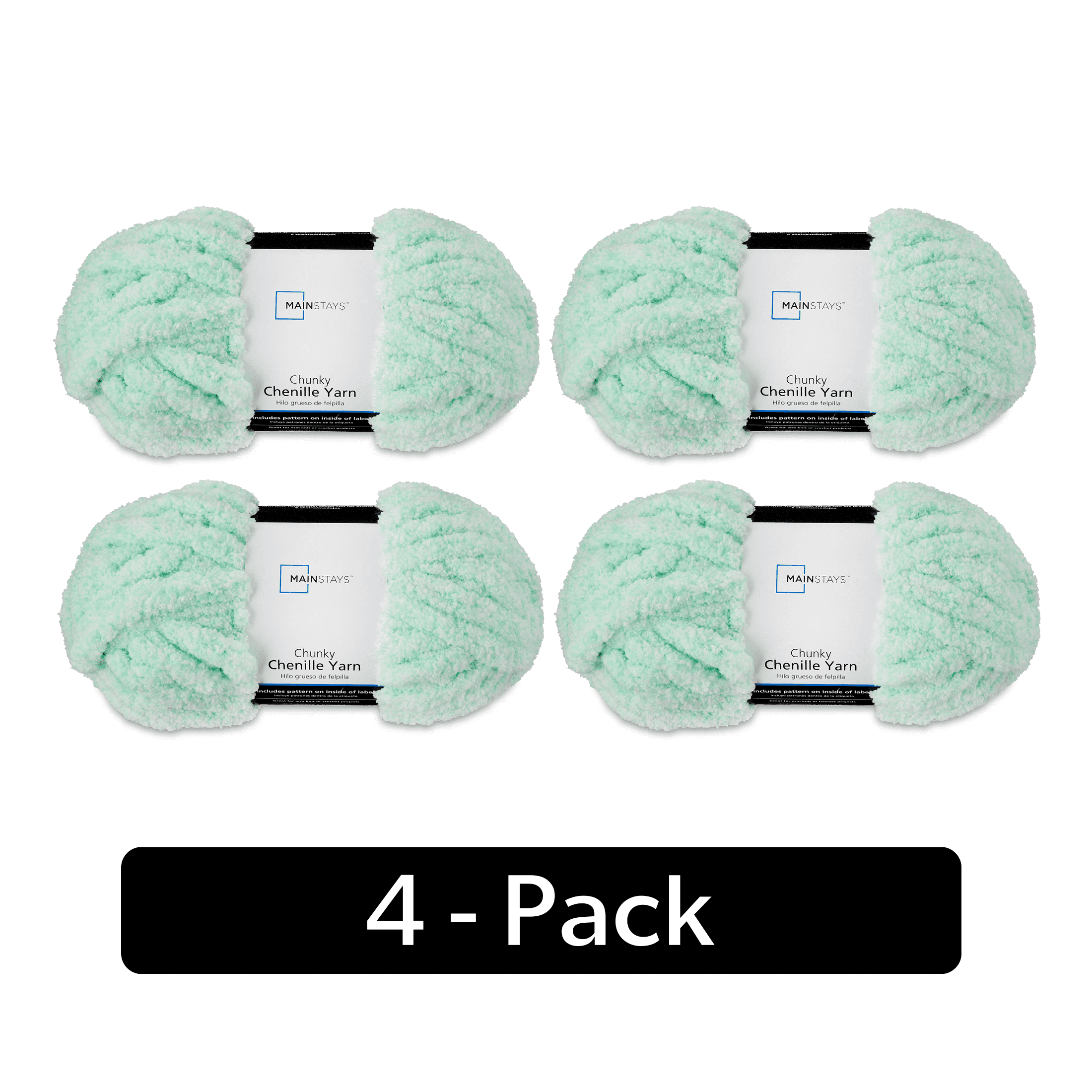 Mainstays Chunky Chenille Yarn, 31.7 yd, Heathered Green, 100% Polyester, Super Bulky, Pack of 4