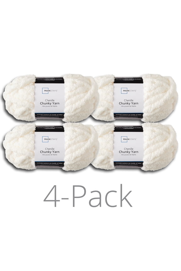 Chunky Chenille Yarn, 31.7 yd, Ivory, 100% Polyester, Super Bulky, Pack of 4
