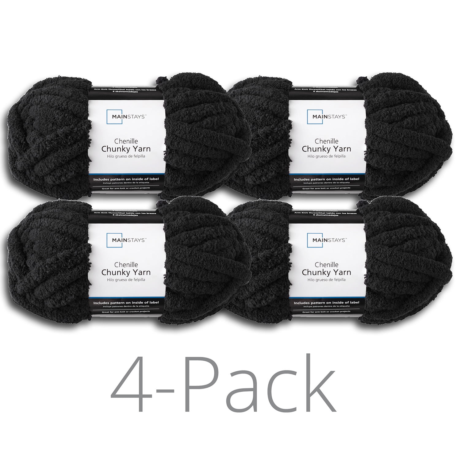 Mainstays Chunky Chenille Yarn, 31.7 yd, Rich Black, 100% Polyester, Super  Bulky, Pack of 4