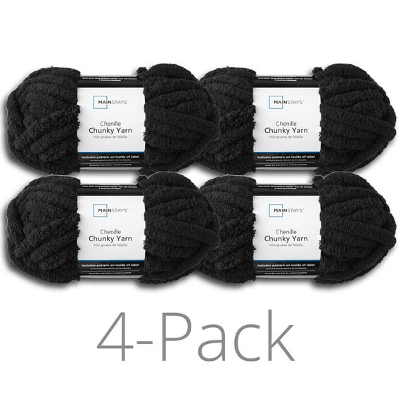 Mainstays Chunky Chenille Yarn, 31.7 yd, Rich Black, 100% Polyester, Super Bulky, Pack of 4