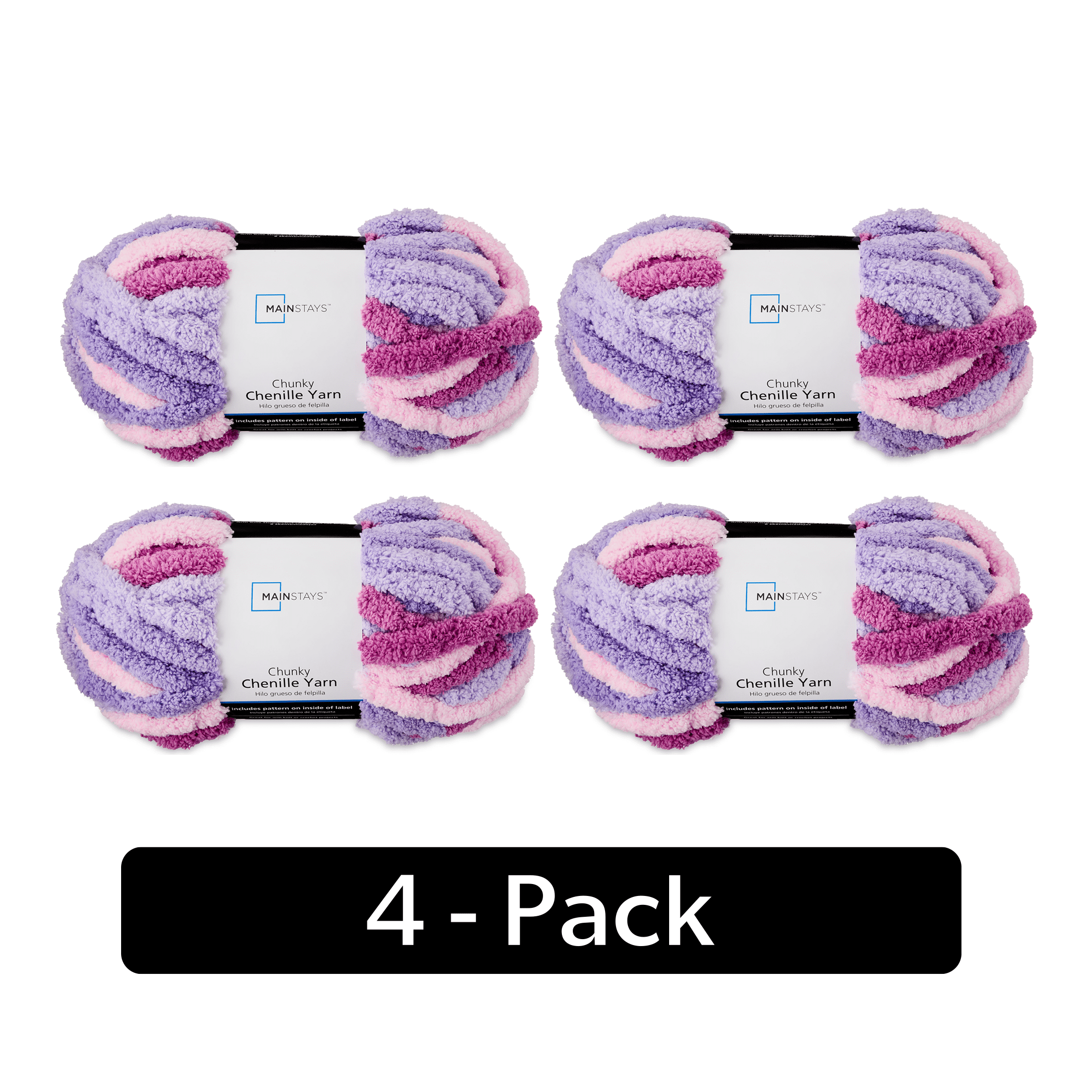 Mainstays Chunky Chenille Yarn, 31.7 yd, Soft Sorbet Multi, 100% Polyester, Super Bulky, Pack of 4