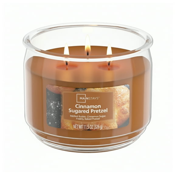Mainstays 3-Wick Scented Glass Jar Candle, Cinnamon Sugared Pretzel Gourmand, 11.5oz.