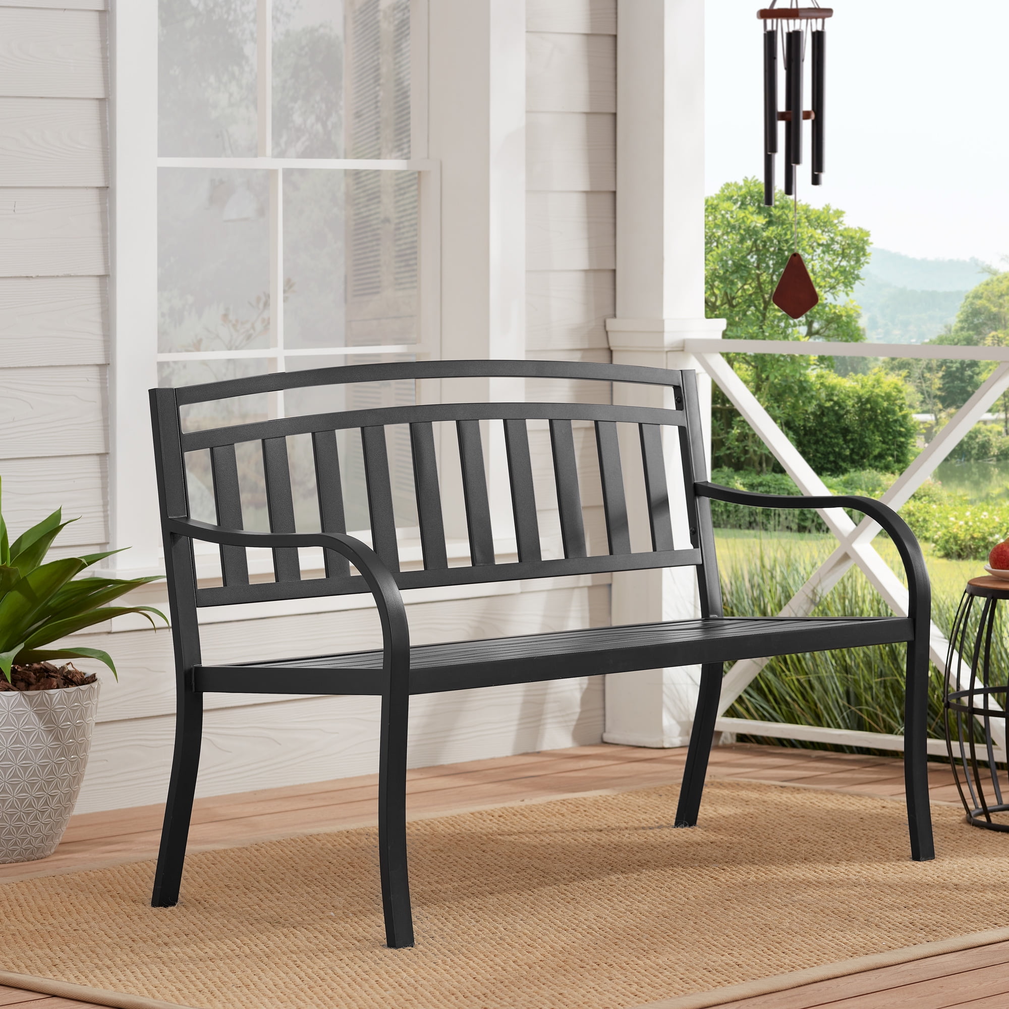Mainstays Classic Metal Outdoor Garden Slat Bench Black Walmart