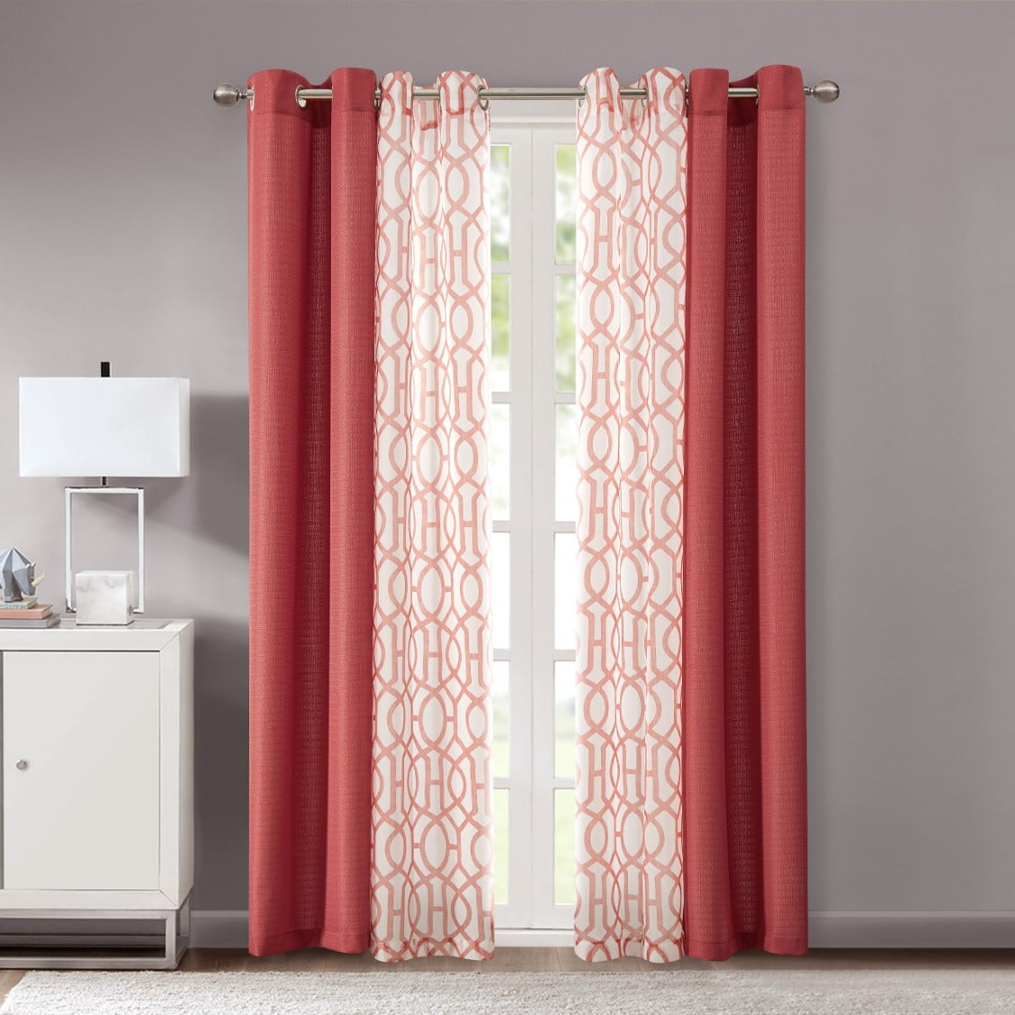 Mainstays Clay Brick Textured Solid & Printed Sheer Curtains, 27.5” x 84” (4 Panels)