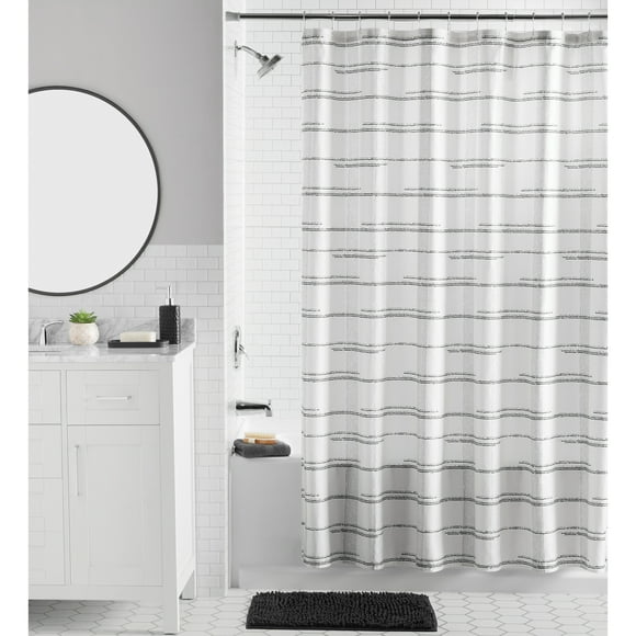 Mainstays 16-Piece Black Plaid Shower Curtain Bathroom Set – Black Fabric Curtain with Rug, Hooks, Soap Pump & Tray