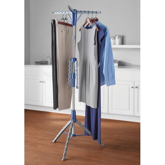 Mainstays Clothes Drying Rack, Space-Saving 2-Tier Steel Tripod, Blue/Silver