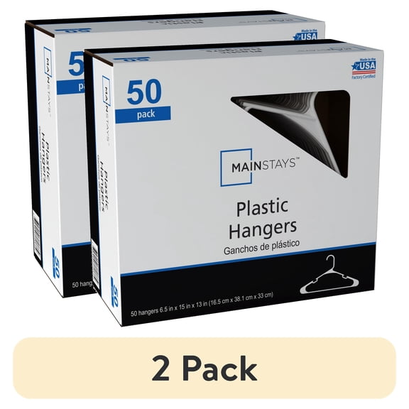 (2 pack) Mainstays Clothing Hangers, 50 Pack, White, Durable Plastic