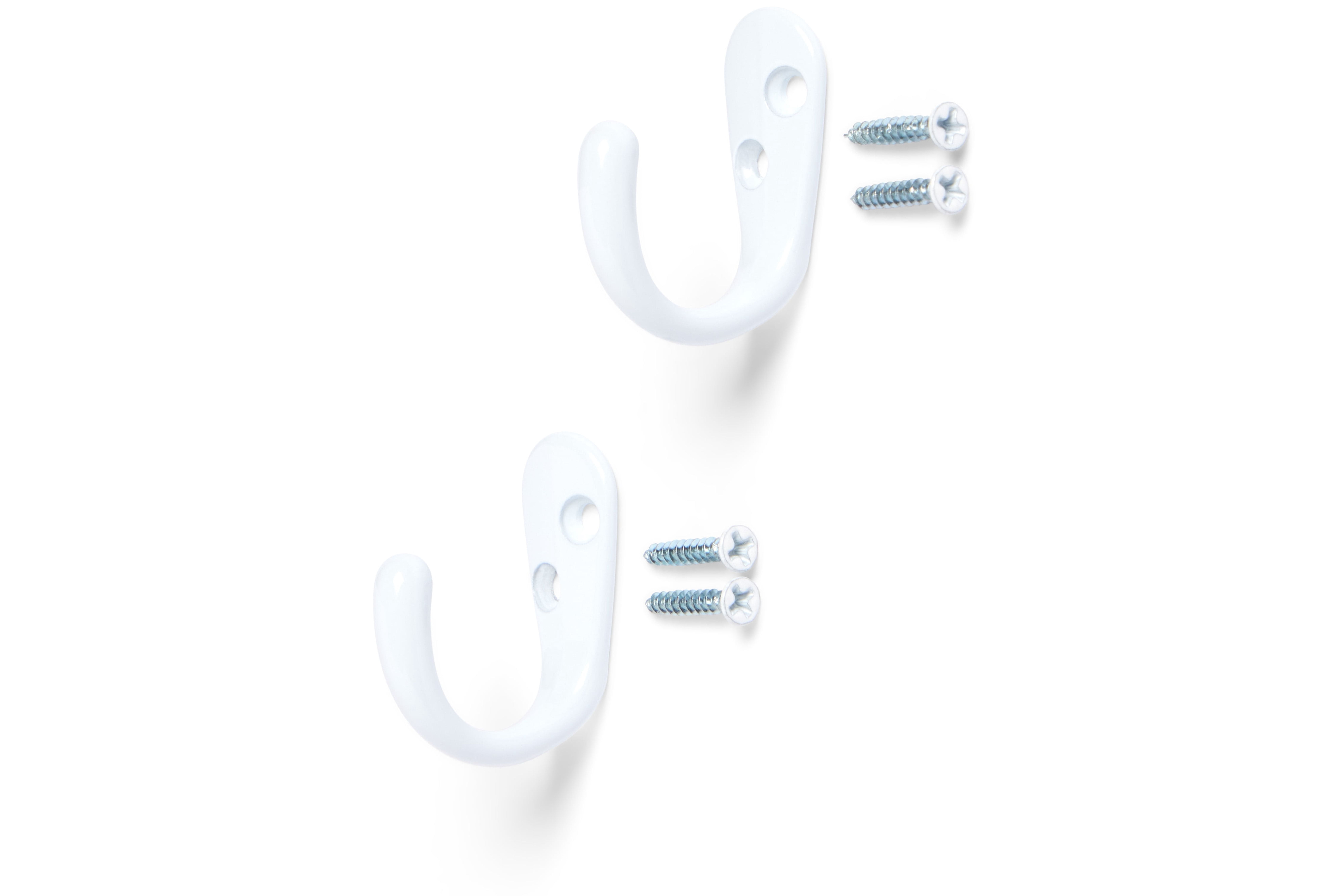 Mainstays, White Metal Hooks, Clutter-Free Hooks for Hanging Towels and Coats, 10 lbs Capacity, 2 Pack