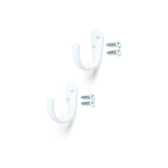 Mainstays, White Metal Hooks, Clutter-Free Hooks for Hanging Towels and Coats, 10 lbs Capacity, 2 Pack