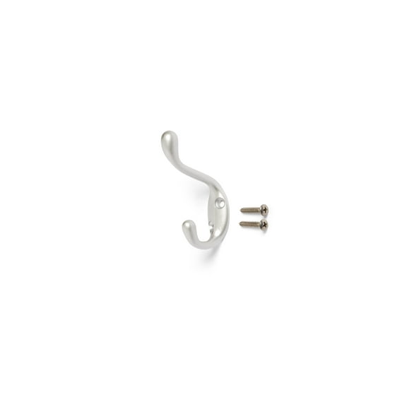 Mainstays, Double Hook Satin Nickel Metal Hook for Hanging Towels and Coats, 10 lbs Capacity, 1 ct