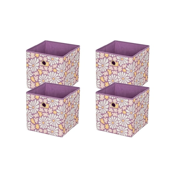 Mainstays Collapsible Fabric Cube Storage Bins (10.5" x 10.5"), 4 Pack, Groovy Floral Lilac
