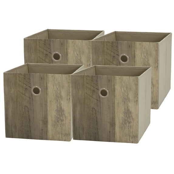 Mainstays Collapsible Fabric Cube Storage Bins (10.5" x 10.5"), 4 Pack, Rustic Brown Wood