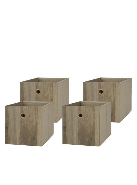 Mainstays Collapsible Fabric Cube Storage Bins (10.5" x 10.5"), 4 pack, Rustic Brown Wood