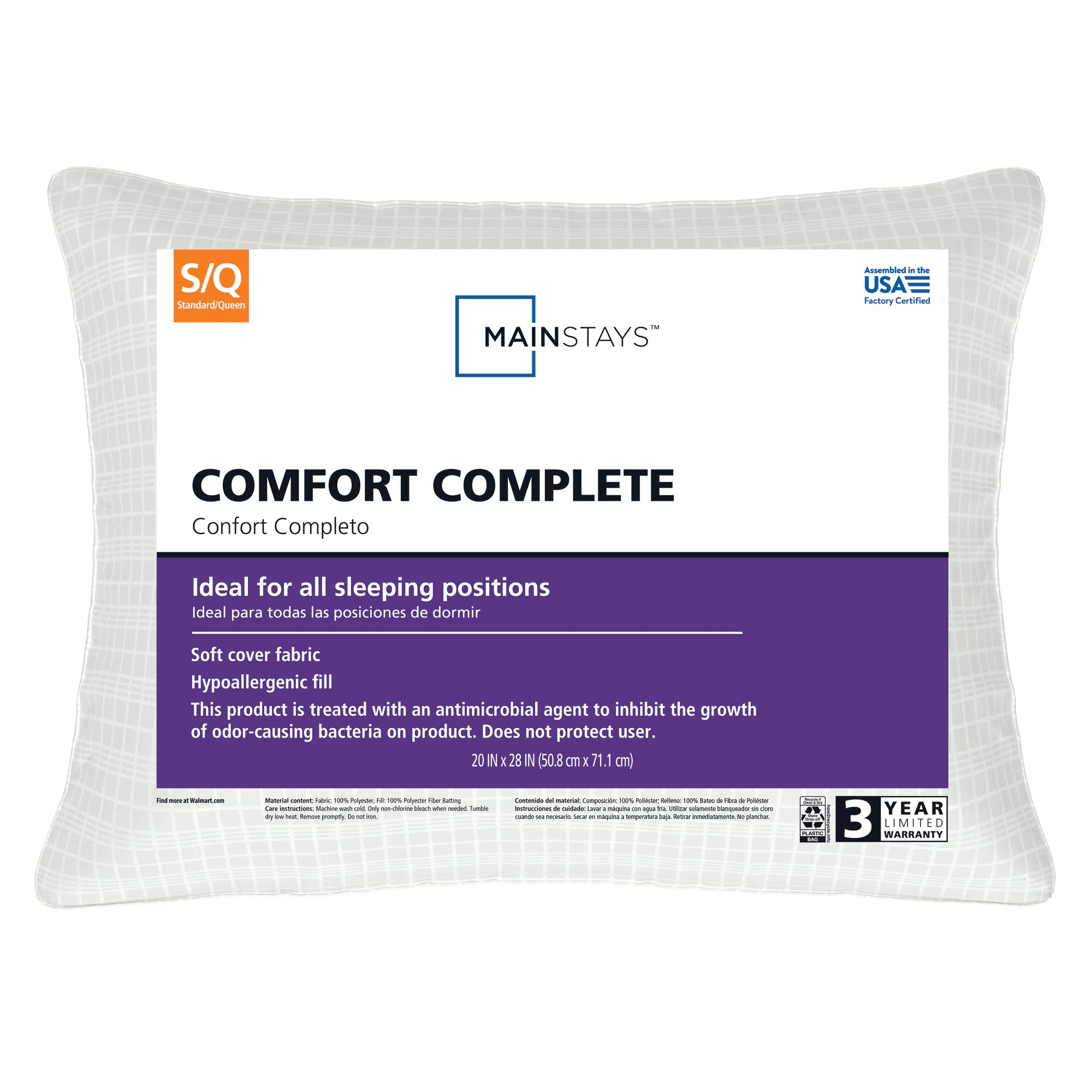 Mainstays Comfort Complete Bed Pillow, Standard/Queen, 17oz