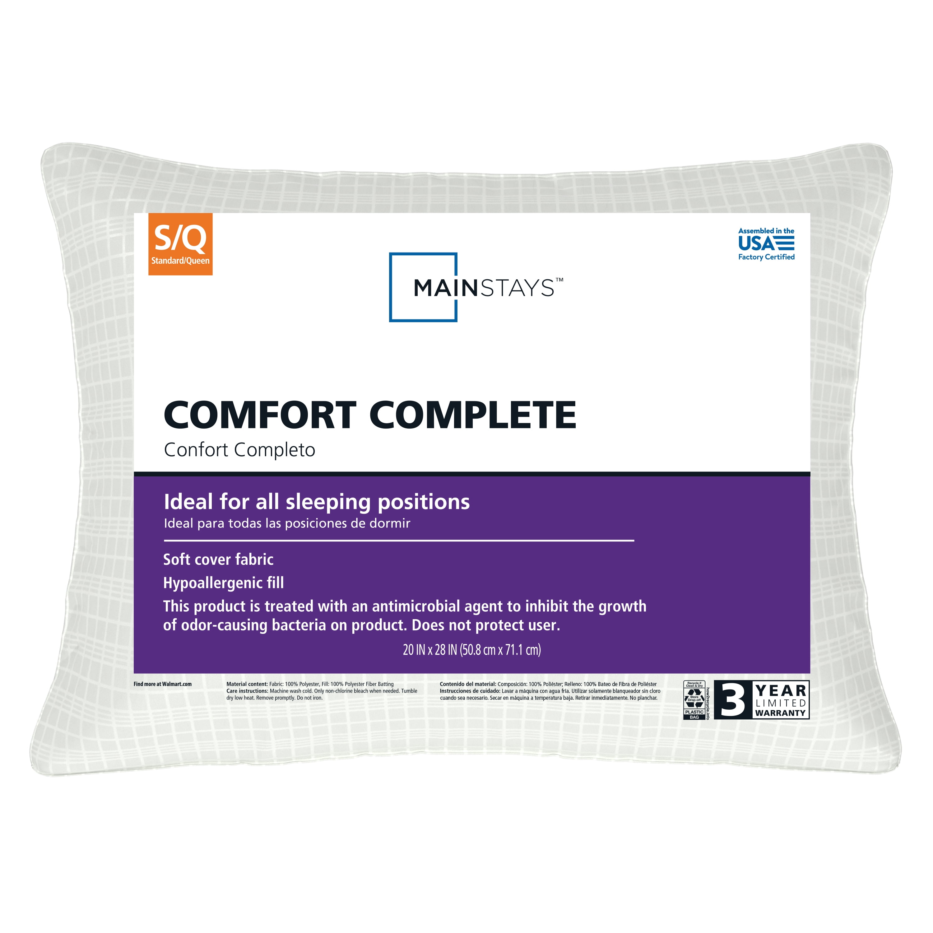 Mainstays Comfort Complete Bed Pillow, Standard/Queen, White, Antimicrobial
