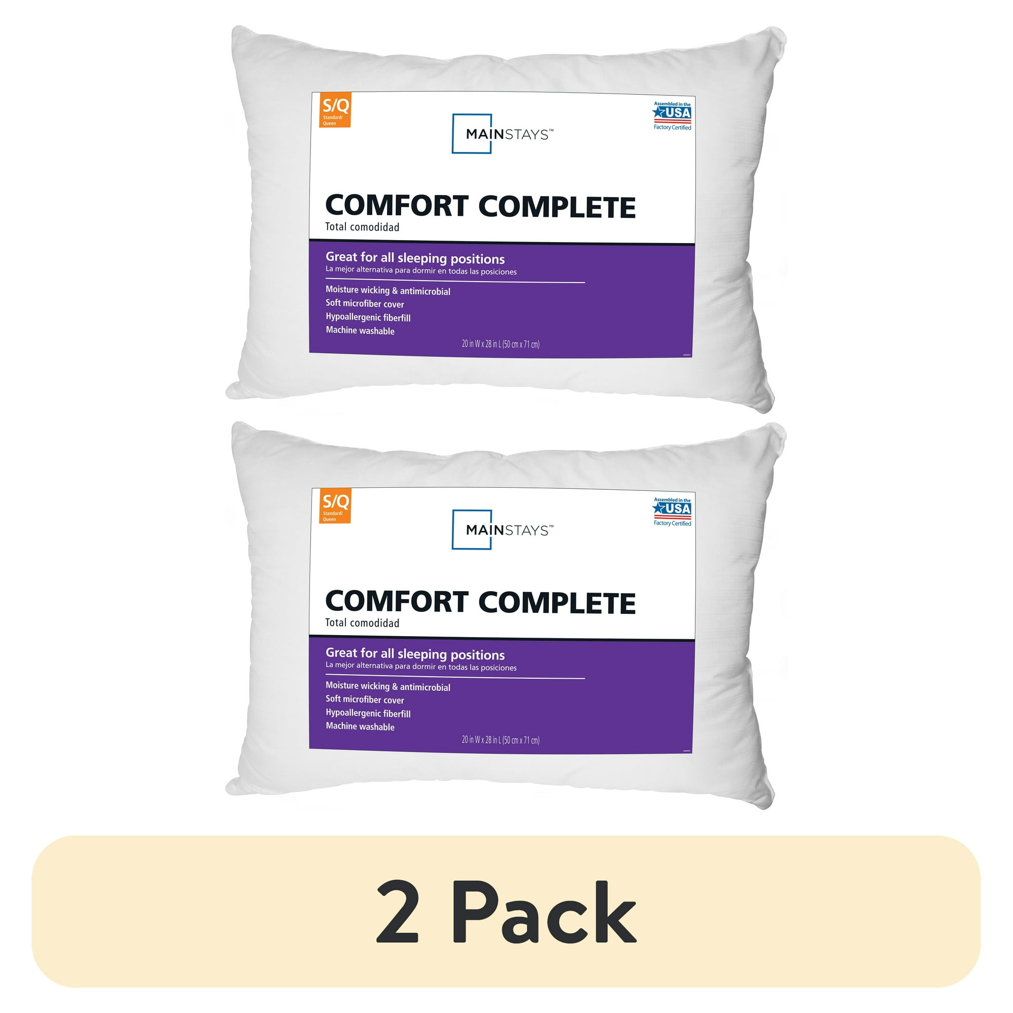 Mainstays (2 pack) Mainstays Comfort Complete Bed Pillow, Standard/Queen