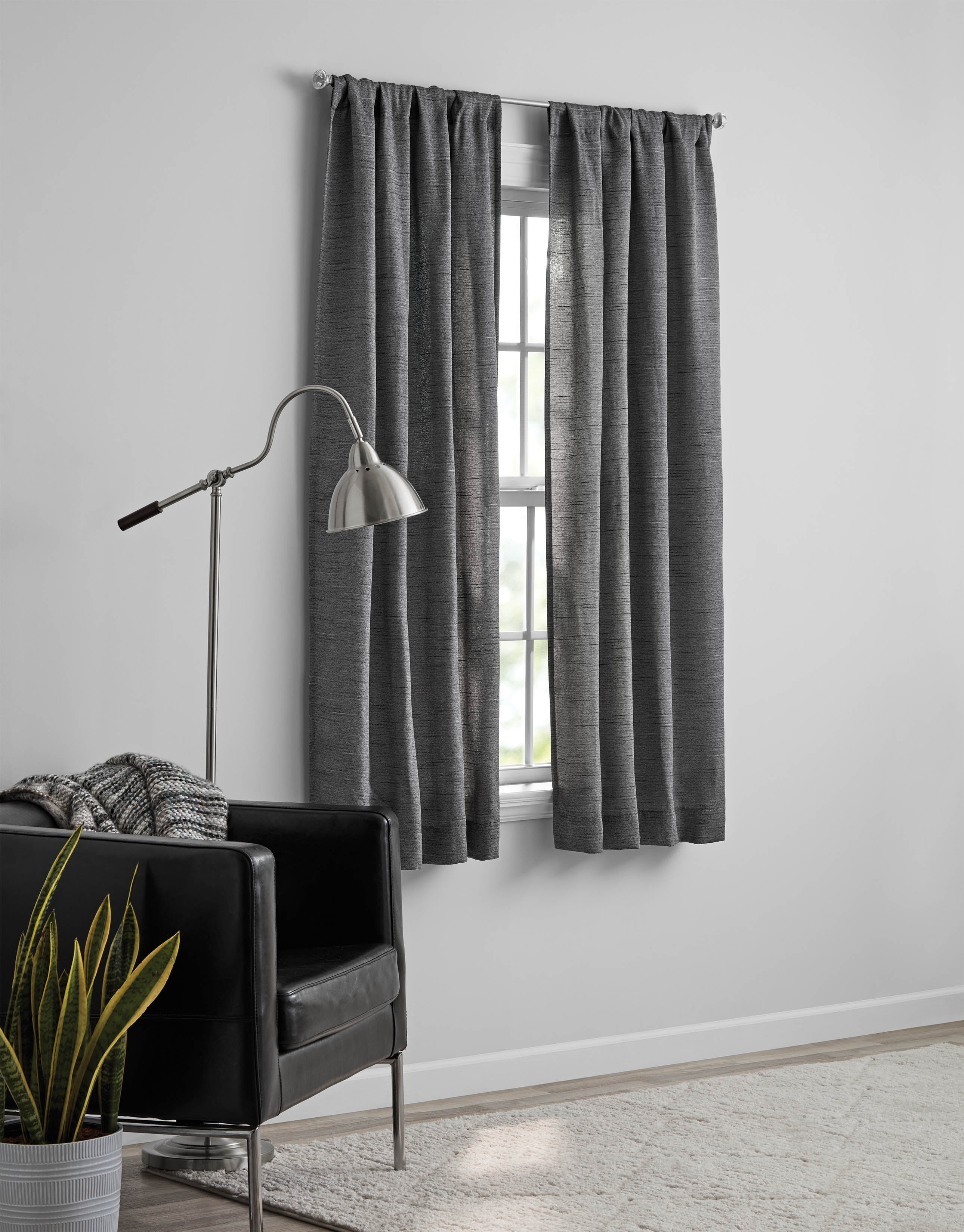 Mainstays Como Textured Light Filtering Curtain Panel Pair, Set of 2, Black, 37” W x 63” L