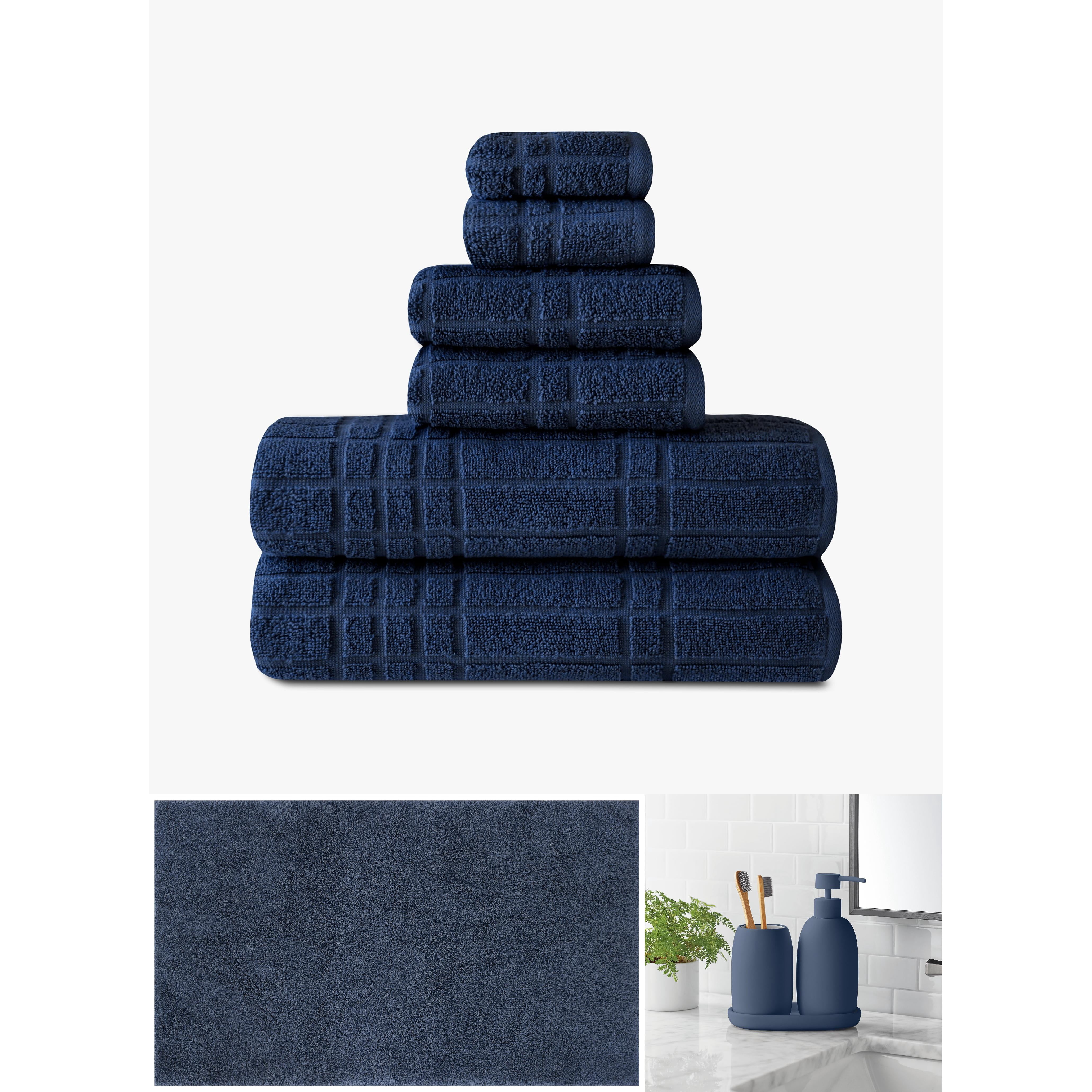 Mainstays Complete Bathroom Essentials Set – Cotton Towels, Bath Rug & 3-Piece Bath Accessories, Navy