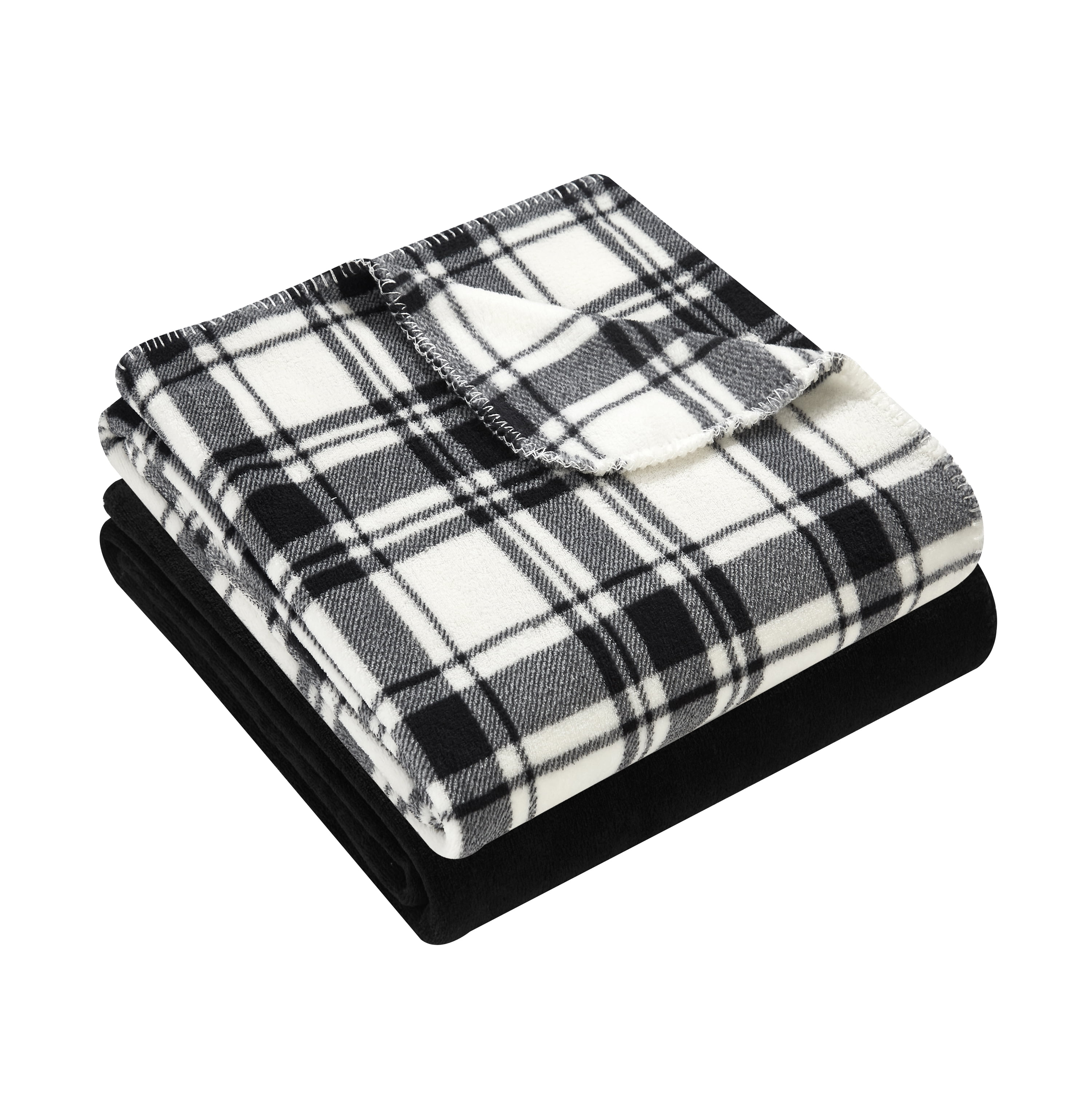 Mainstays Contemporary Black Plaid Fleece Plush Throws, 60" x 50", Washable 2 Count