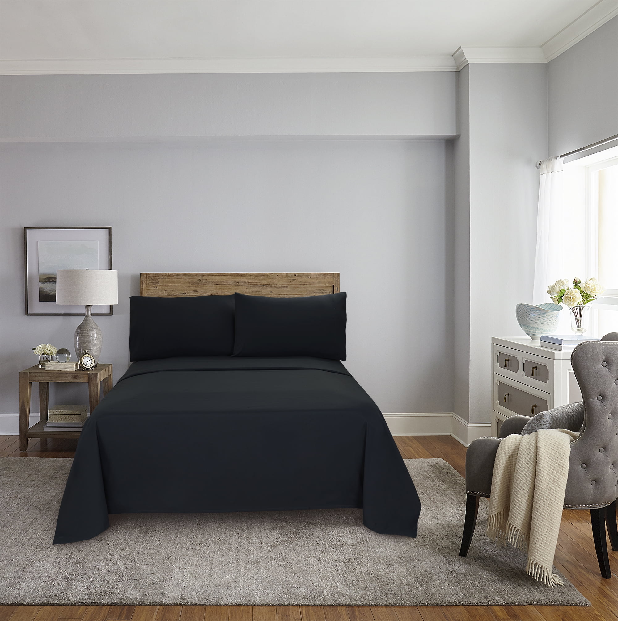 Mainstays Copper-Infused Cooling Microfiber Bed Sheet Set, Queen, Black, 4 Piece