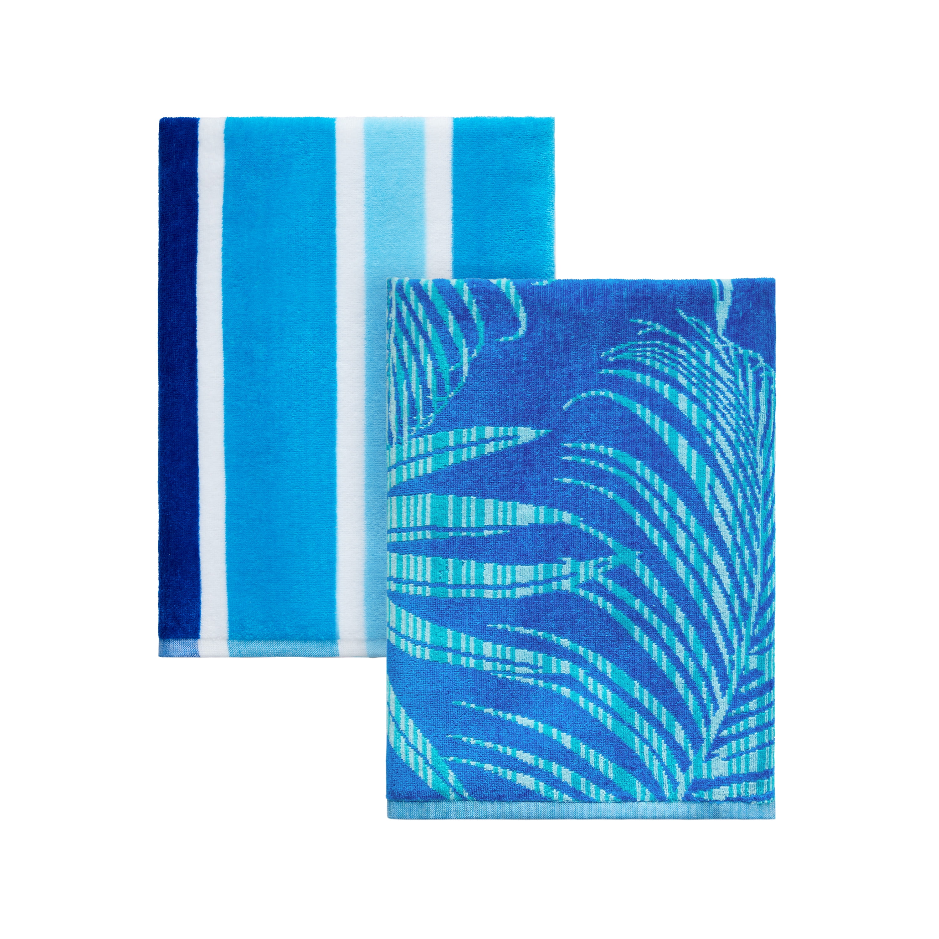 Mainstays Cotton Blend 2 Pack Blue Fronds and Stripes Beach Towels, 28" X 58"