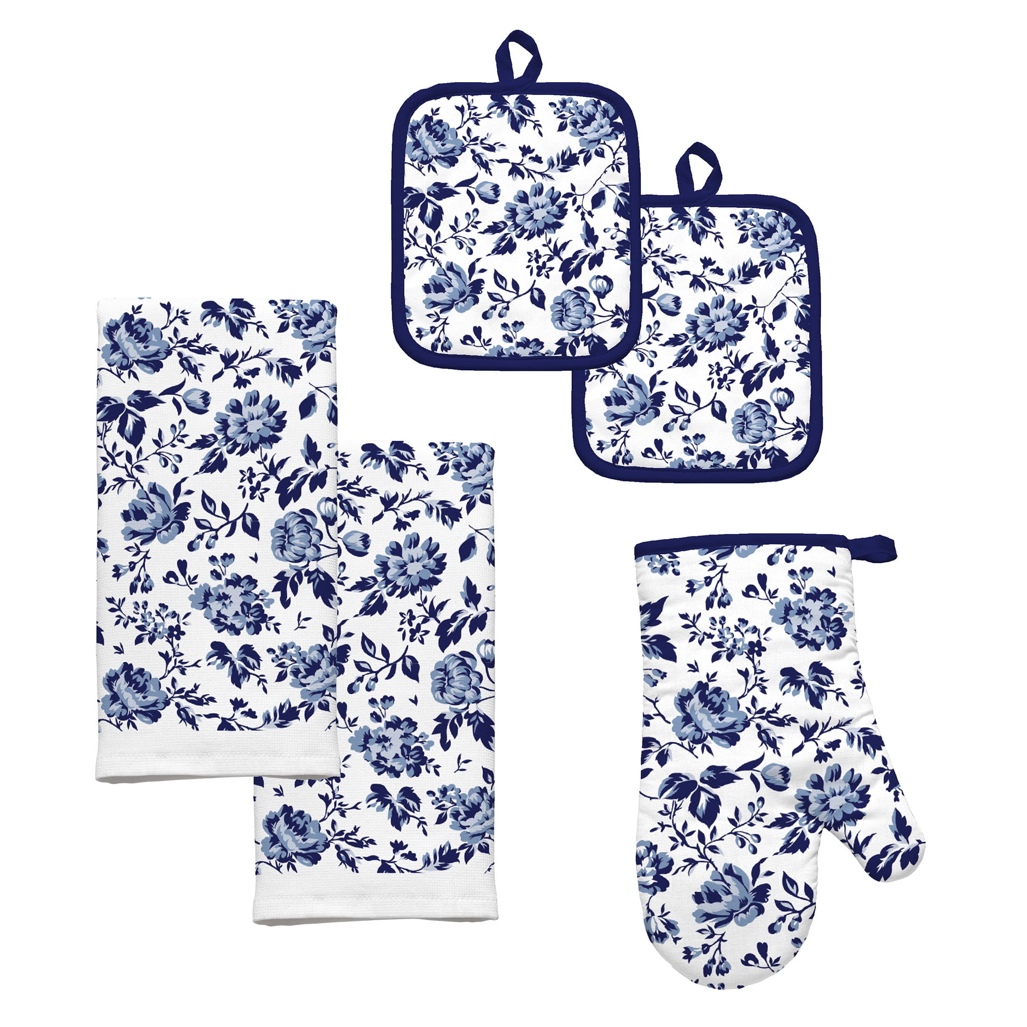 Herbs Floral Indigo Navy Blue Oven Mitts Pot Holders Sets Hot Pads