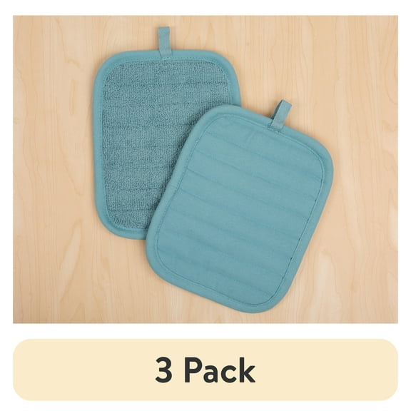 (3 pack) Mainstays Cotton Pot Holders, 2 Piece, 7 in x 9 in, Teal