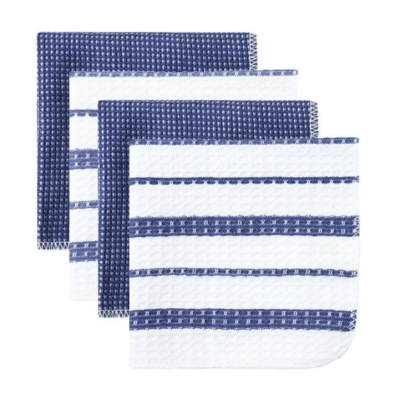 Mainstays Cotton Waffle Dishcloth, Blue & White Striped, 4 Piece, 12 in x 12 in