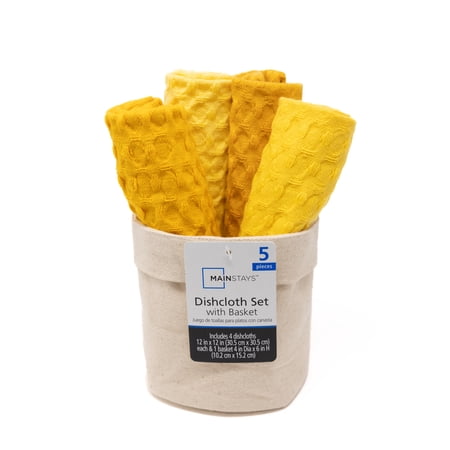 Mainstays Cotton, Waffle Dishcloths, 4 Dishcloths, 12in x 12 in, plus a basket ,Yellow