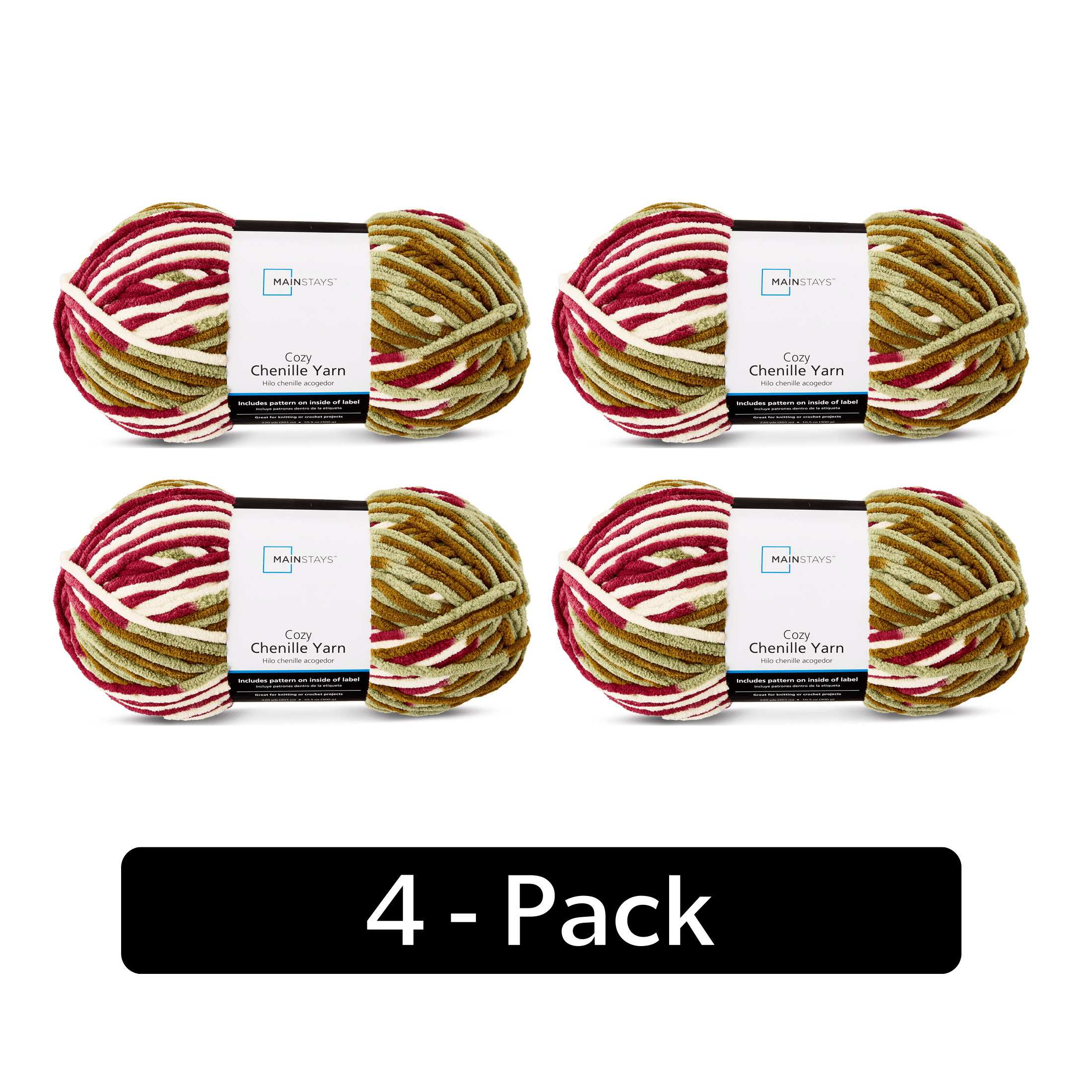 Mainstays Cozy Chenille Yarn, 220 yd, Autumn Roots Multi, 100% Polyester, Bulky, Pack of 4