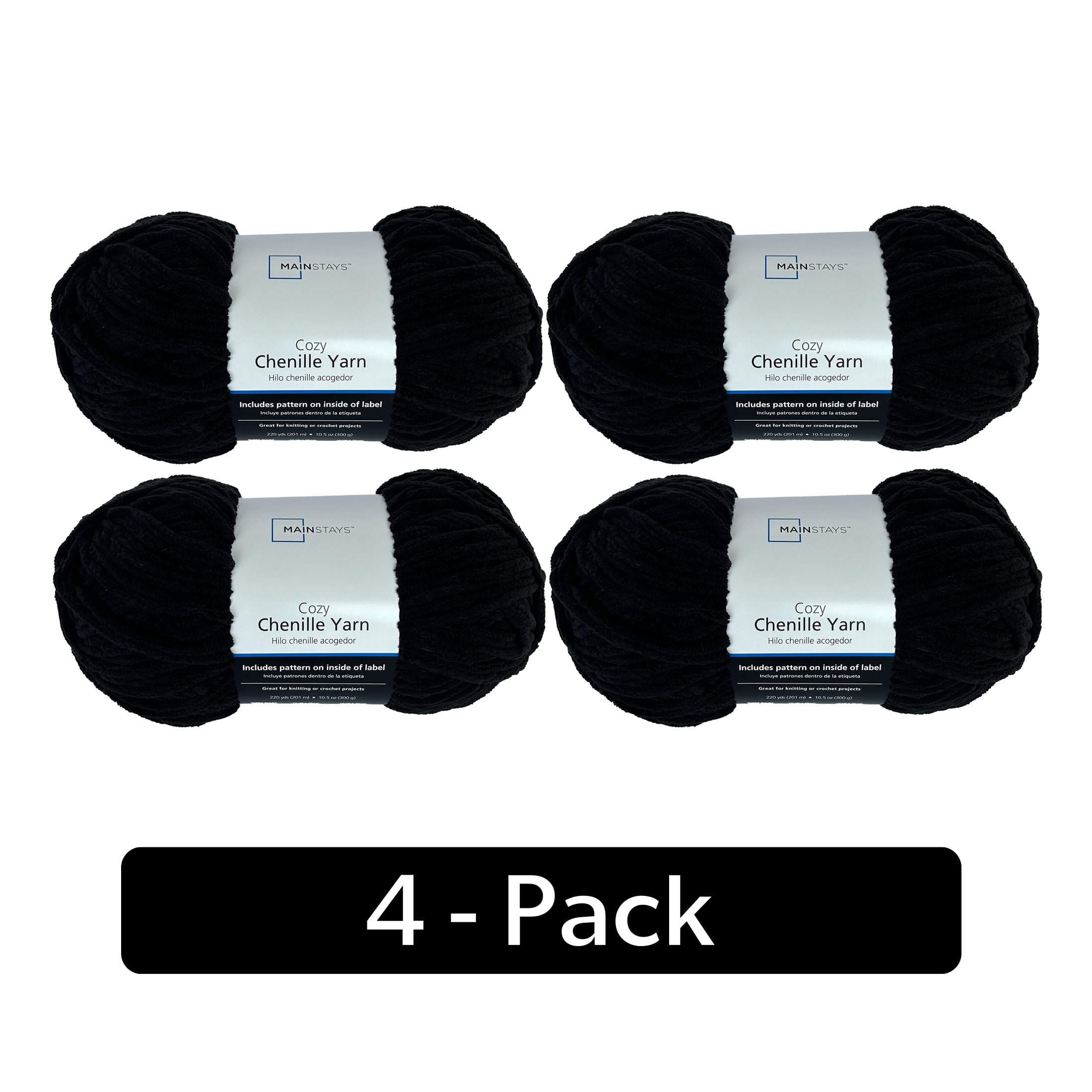 Mainstays Cozy Chenille, Bulky, 100% Polyester, Yarn, Black, 220 yd, Pack of 4