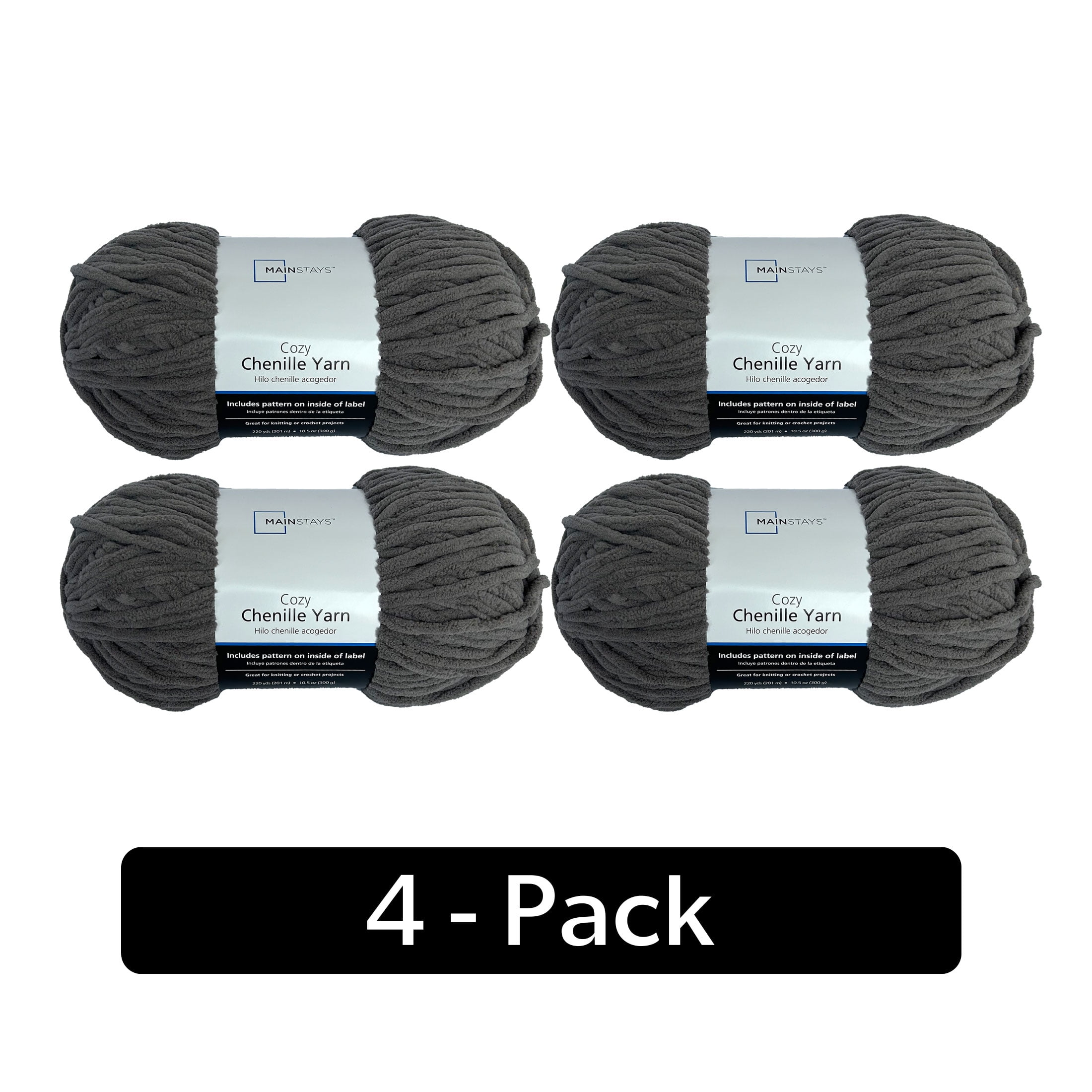 Mainstays Cozy Chenille, Bulky, 100% Polyester, Yarn, Charcoal, 220 yd, Pack of 4